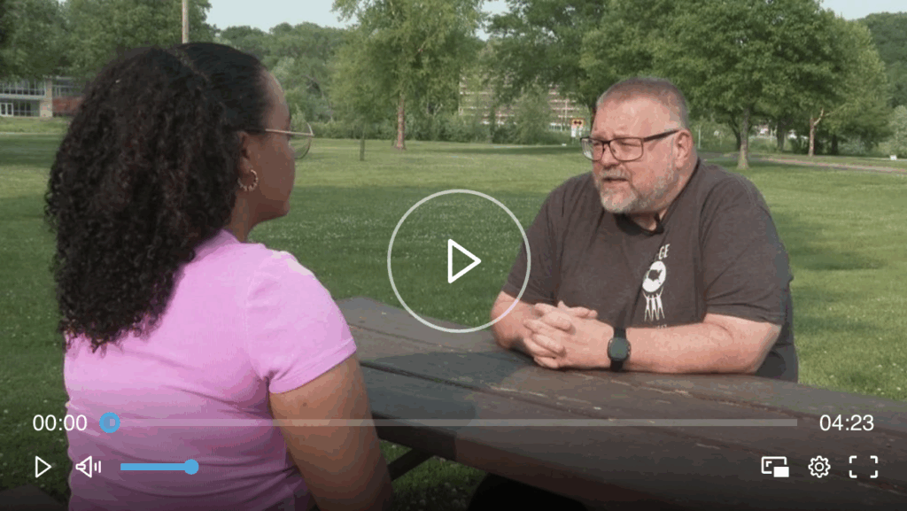 Patrick Kearns being interviewed about Medicaid cuts.